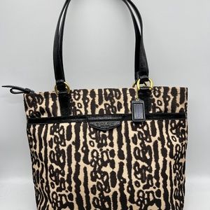 Beautiful Coach F31901 Tan and Black Nylon Leather Leopard Print Tote Bag